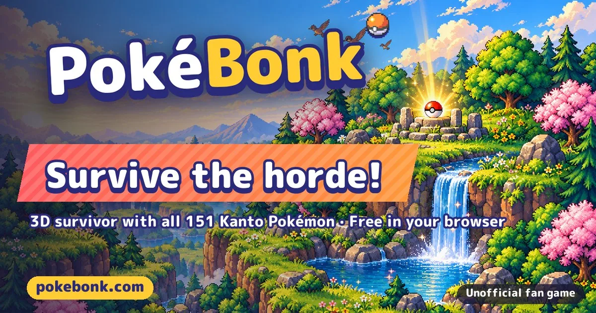 PokéBonk key art: a pixel-art forest plateau with a Poké Ball on a glowing altar