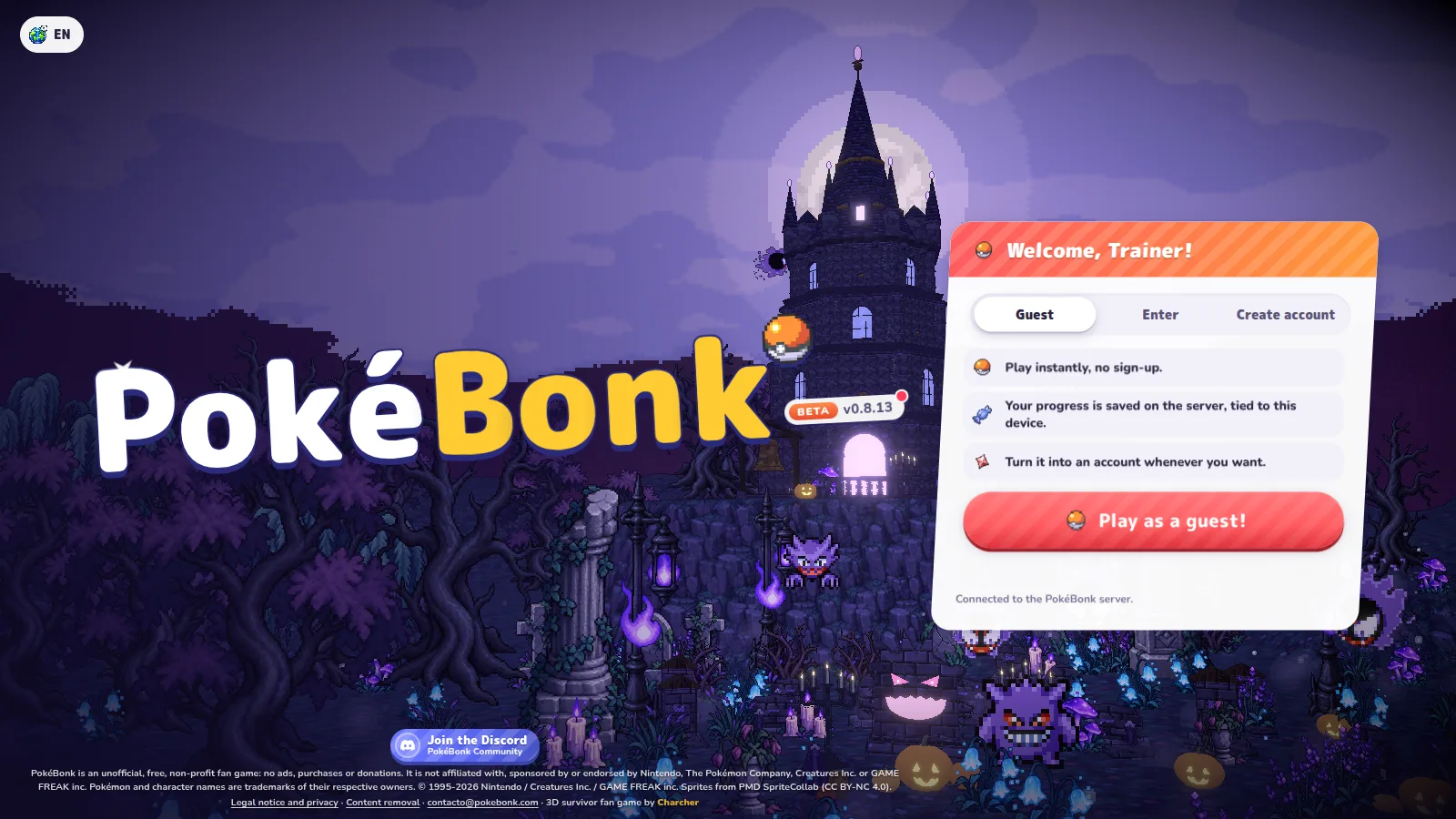 PokeBonk title screen with a haunted castle, Gengar and the PokéBonk logo